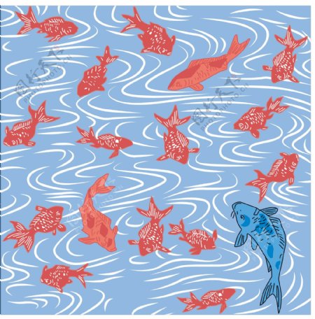 红色金鱼水纹背景图