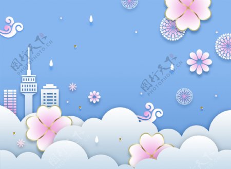 清新韩式春天气息卡通立体花朵建筑背景