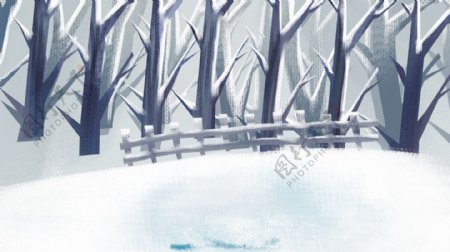 手绘雪景枯树林背景素材