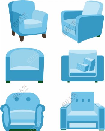 手绘卡通家具蓝色矢量单人小沙发