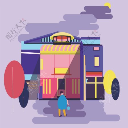 紫色调商店购物插画背景素材