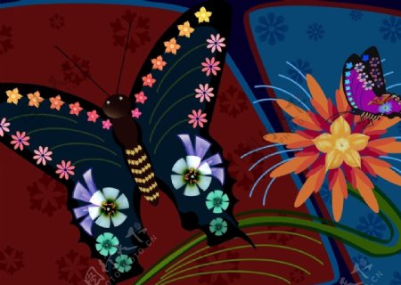 绘画合成的蝴蝶和花朵素材