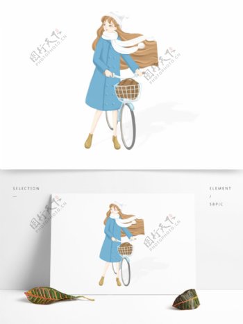 手绘小清新骑自行车的少女人物设计