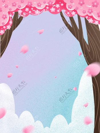 浪漫三月你好樱花树插画背景