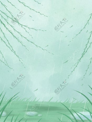 绿色清晨的雨水插画背景