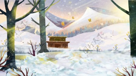五彩冬季雪地树林背景设计