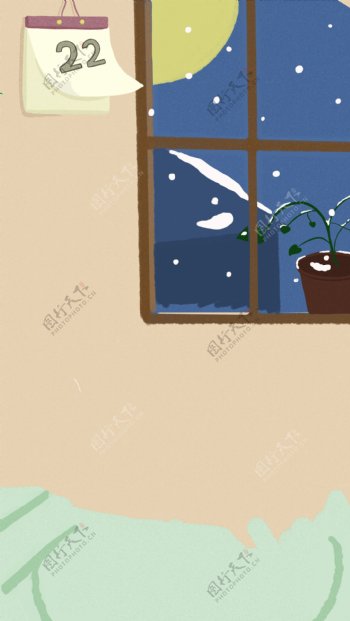 简约手绘家居窗户蓝色盆栽背景设计