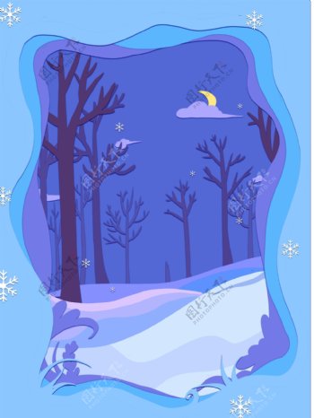 剪纸风蓝紫色冬季树林背景设计