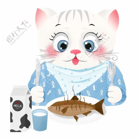 手绘可爱小猫吃鱼png元素