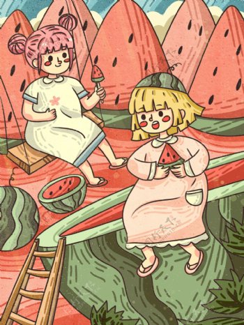 卡通可爱立夏吃西瓜的小女孩创意夏节气海报