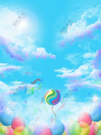 蓝天白云彩色气球背景