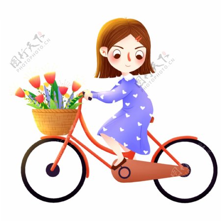 春季骑自行车旅行的女孩人物插画
