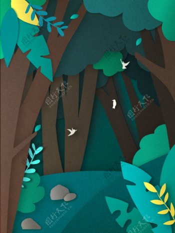 剪纸风春季树林背景设计