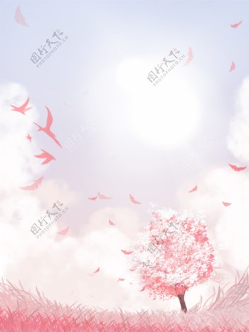 纯原创手绘粉色天空风景樱花树背景