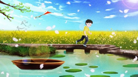 卡通放风筝绿色二十四节气春分插画
