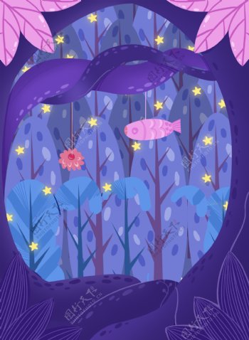 手绘紫色树林背景设计