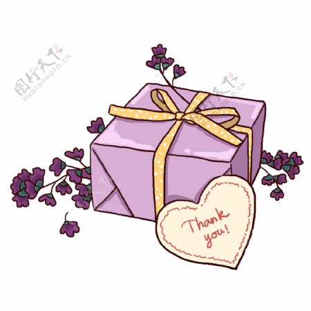 手绘紫色文艺礼盒和干花PNG免抠素材