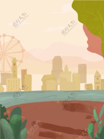 手绘河对岸的城市背景素材