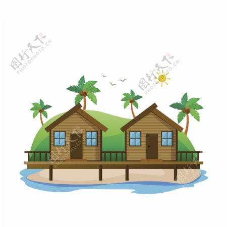小清新海上风景岛屿的房子