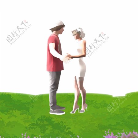 手绘草地上牵手的情侣