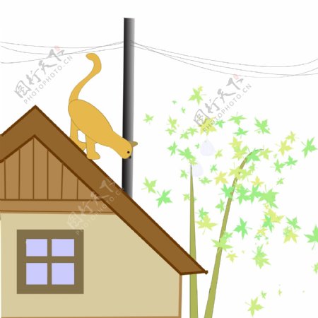 猫咪和房子创意卡通手绘房子