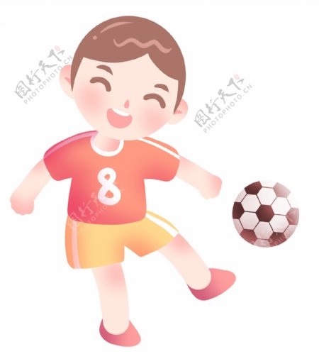 穿红色球服踢足球的小男孩插画