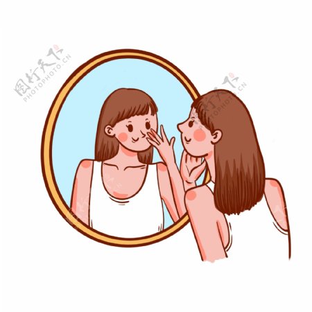 卡通矢量免抠美容护肤照镜子的女生