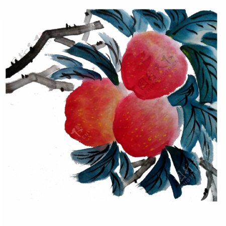 苹果水果鲜美甜红富士PNG水墨国画