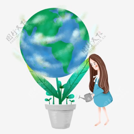 简约给地球浇水的女孩插画海报免抠元素