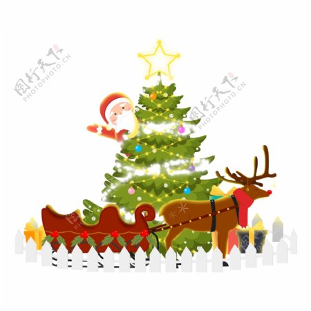手绘圣诞节亮闪闪圣诞树圣诞老人及麋鹿拉车插图