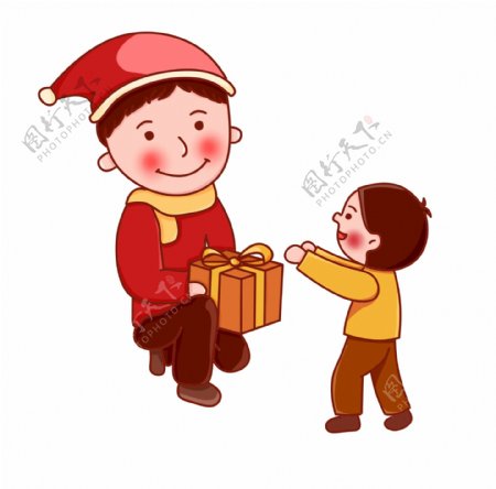 圣诞圣诞节圣诞夜小孩大人圣诞礼物红色卡通手绘免扣