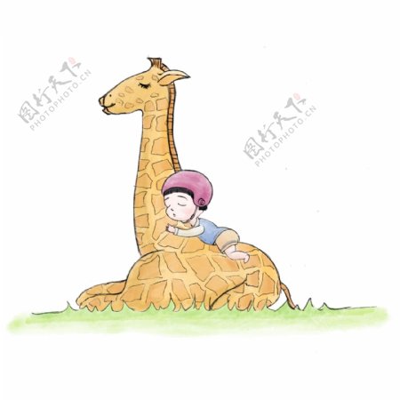 童真梦幻主题马卡龙色系治愈抱着长颈鹿做梦的小男孩