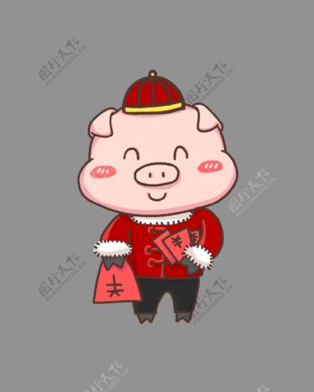 春节卡通猪发红包手绘