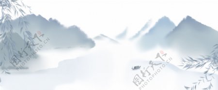 手绘中国风古风水墨写意柳条杨柳山水画
