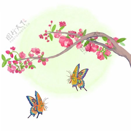 中国风水墨水彩工笔桃花戏蝶原创手绘免抠高清图