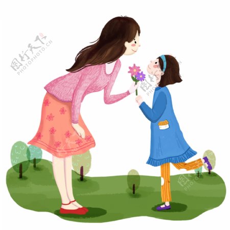 感恩节卡通手绘风向母亲献花