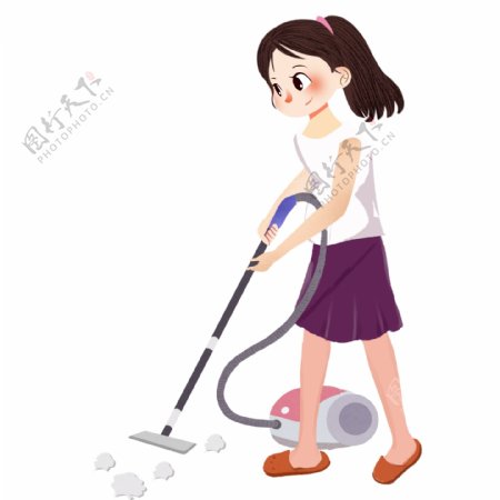劳动节用吸尘器打扫的女孩