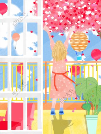 粉色桃花气球蓝天元气美少女背景设计
