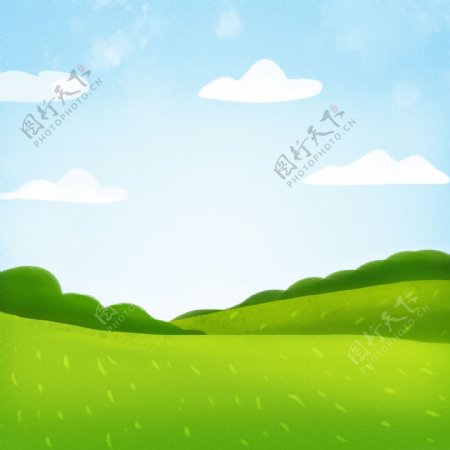 纯原创手绘小清新山坡树林蓝天白云风景背景