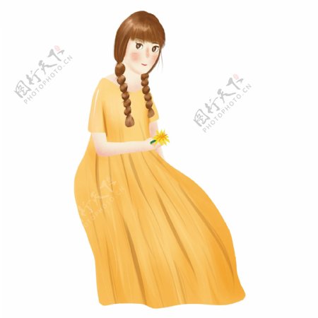 手绘卡通穿着黄衣服的女孩元素
