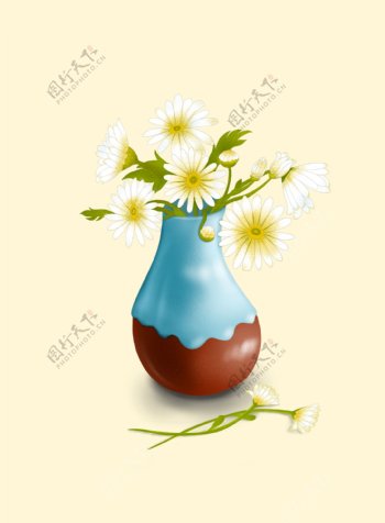 手绘蓝色花瓶小雏菊