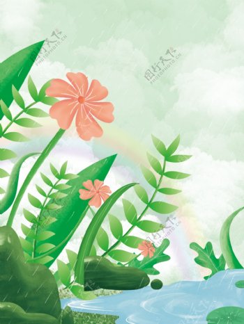 手绘河边绿色植物背景素材