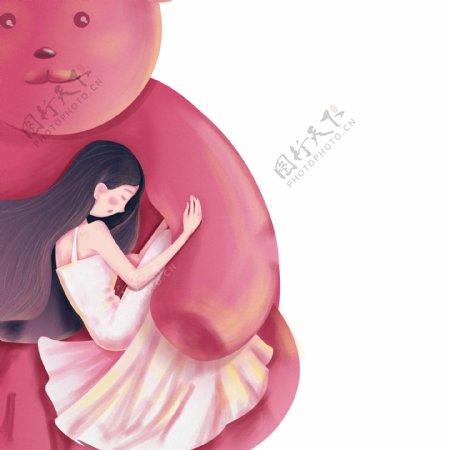 粉色大熊与女孩插画