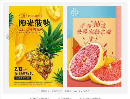 红心柚菠萝新鲜水果宣传广告海报