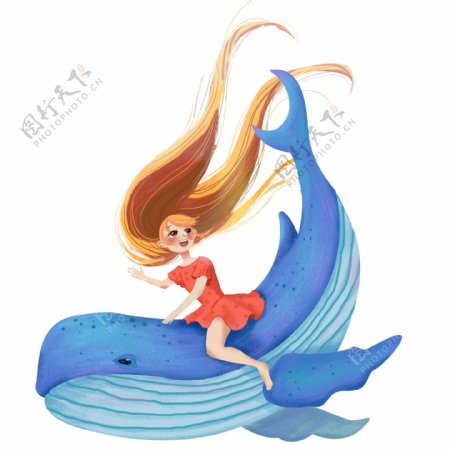 长发女孩与鲸鱼插画