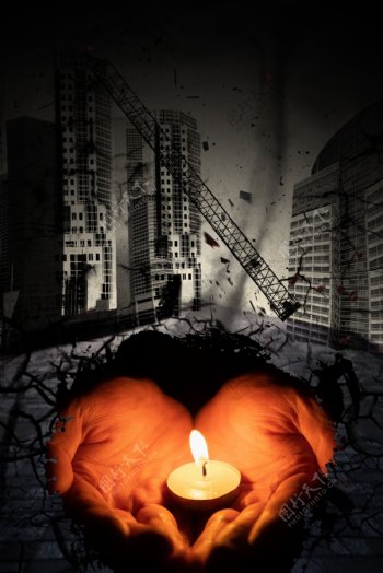 简约蜡烛祈祷自然灾害地震背景海报