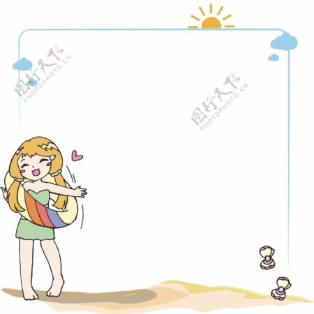 夏日海滩穿泳装的小女孩边框矢量免抠