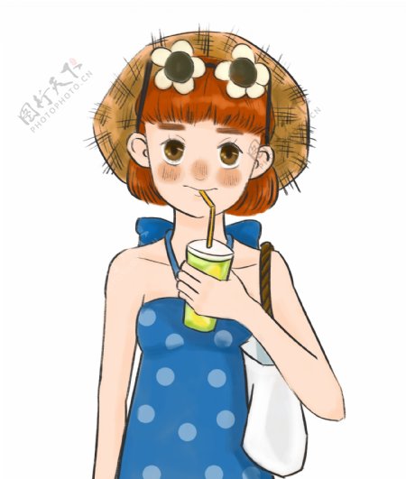 夏季喝果汁的女孩酷暑