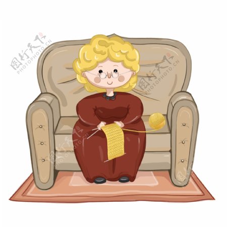 母亲节坐在沙发上织毛衣慈祥的母亲