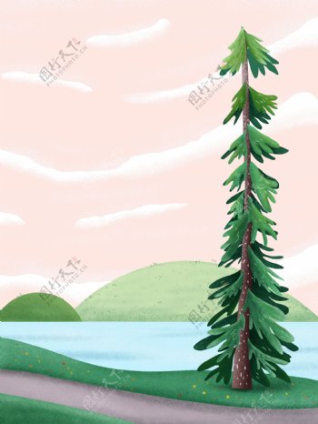 绿色忪树粉红色天卡通背景